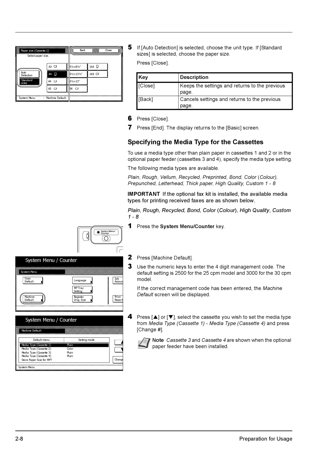 Kyocera KM-2540 manual Specifying the Media Type for the Cassettes, Key Description 