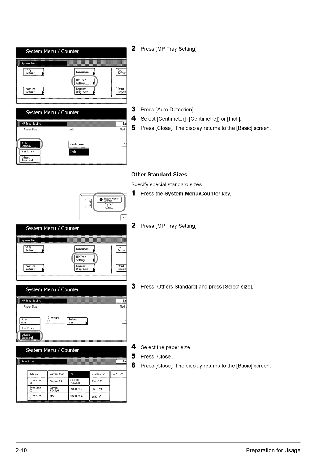 Kyocera KM-2540 manual Other Standard Sizes 