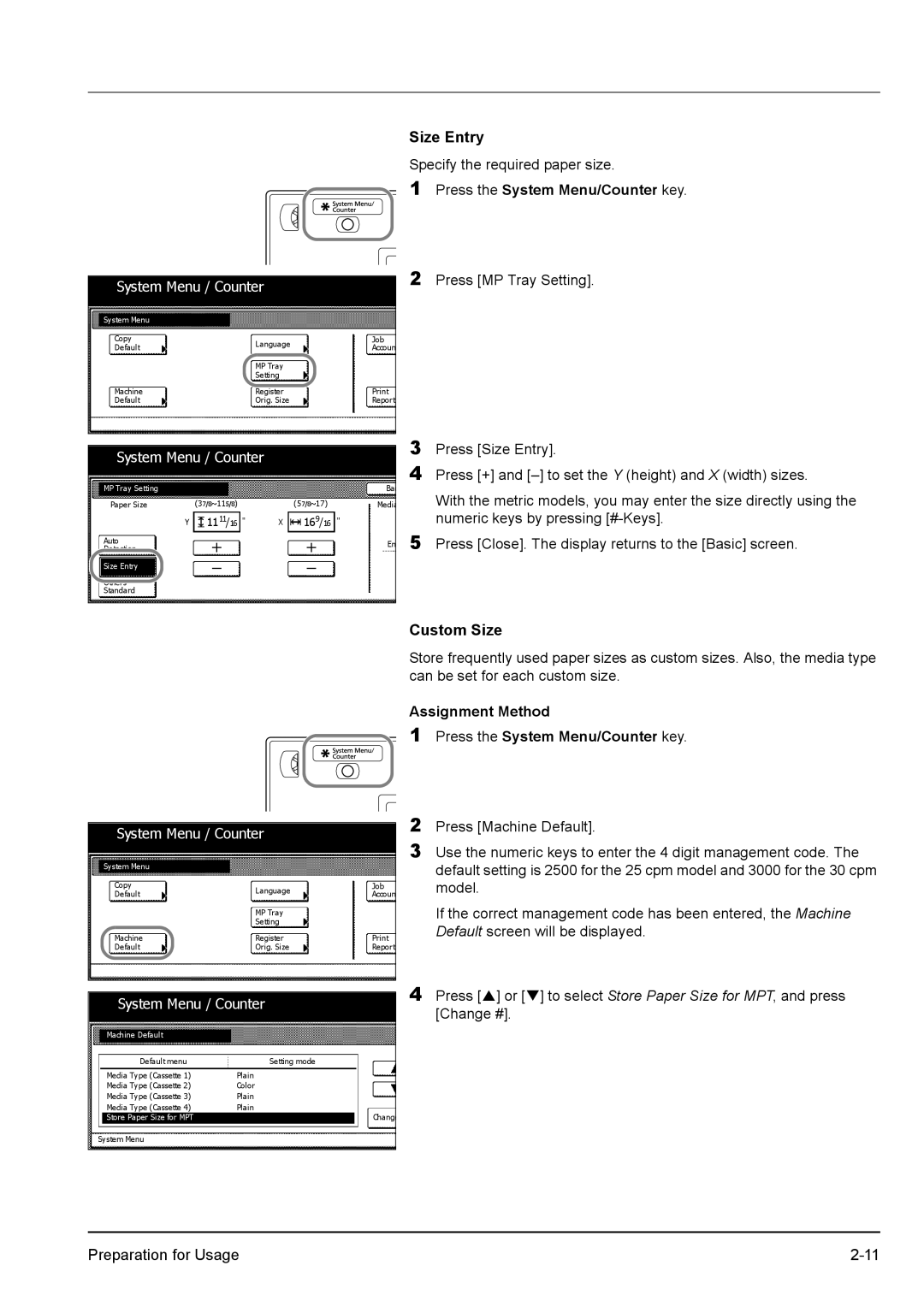 Kyocera KM-2540 manual Size Entry, Custom Size, Assignment Method Press the System Menu/Counter key 