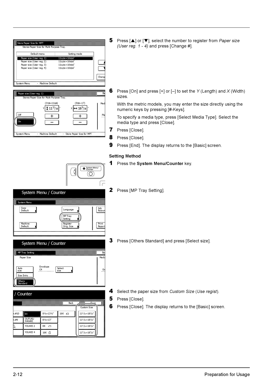 Kyocera KM-2540 manual Setting Method, Stores Paper Size for Multi Purpose Tray 