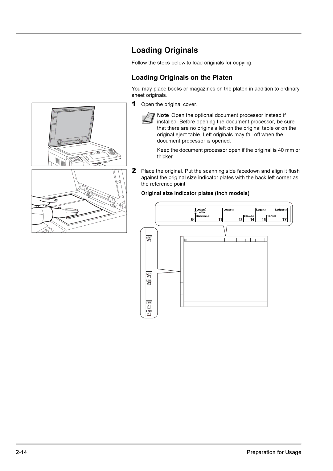 Kyocera KM-2540 manual Loading Originals on the Platen, Original size indicator plates Inch models 