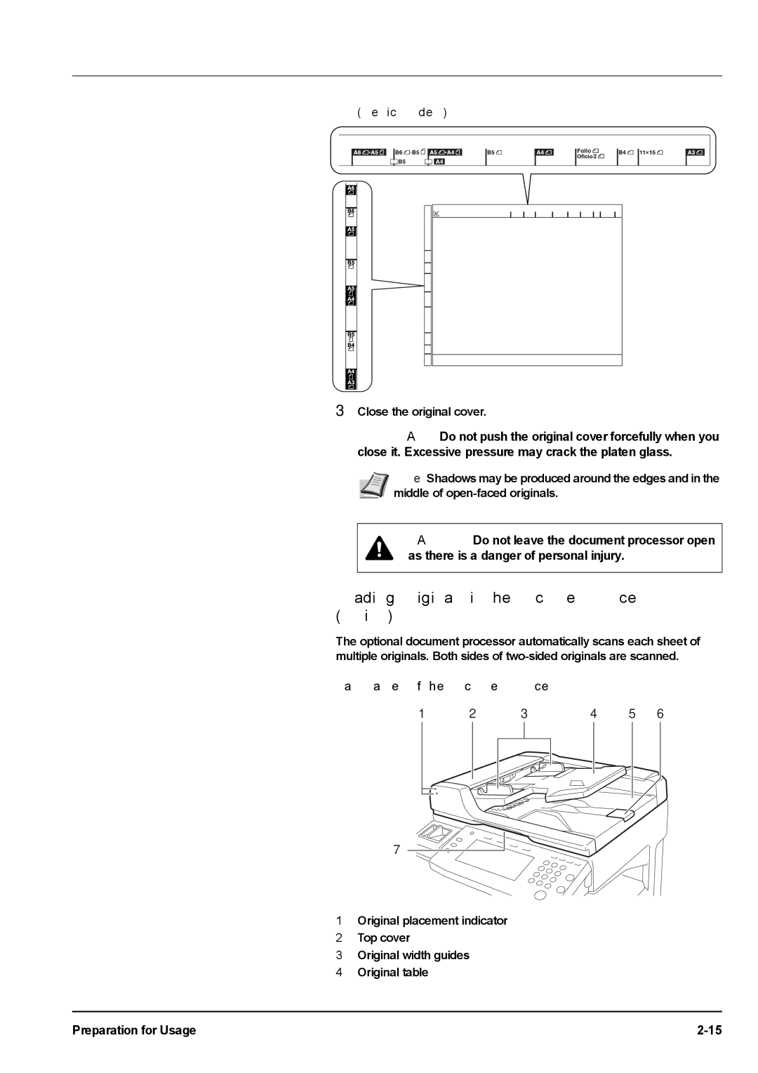 Kyocera KM-2540 Loading Originals in the Document Processor option, Metric models, Part Names of the Document Processor 