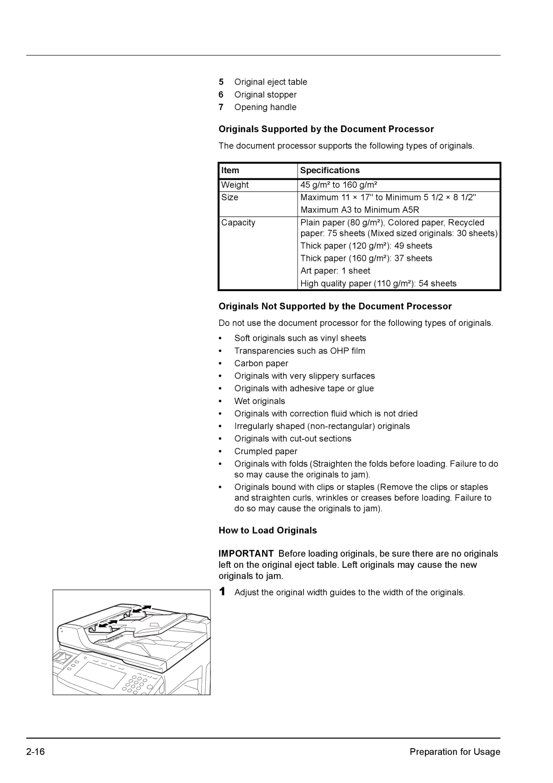 Kyocera KM-2540 manual Originals Supported by the Document Processor, Specifications, How to Load Originals 