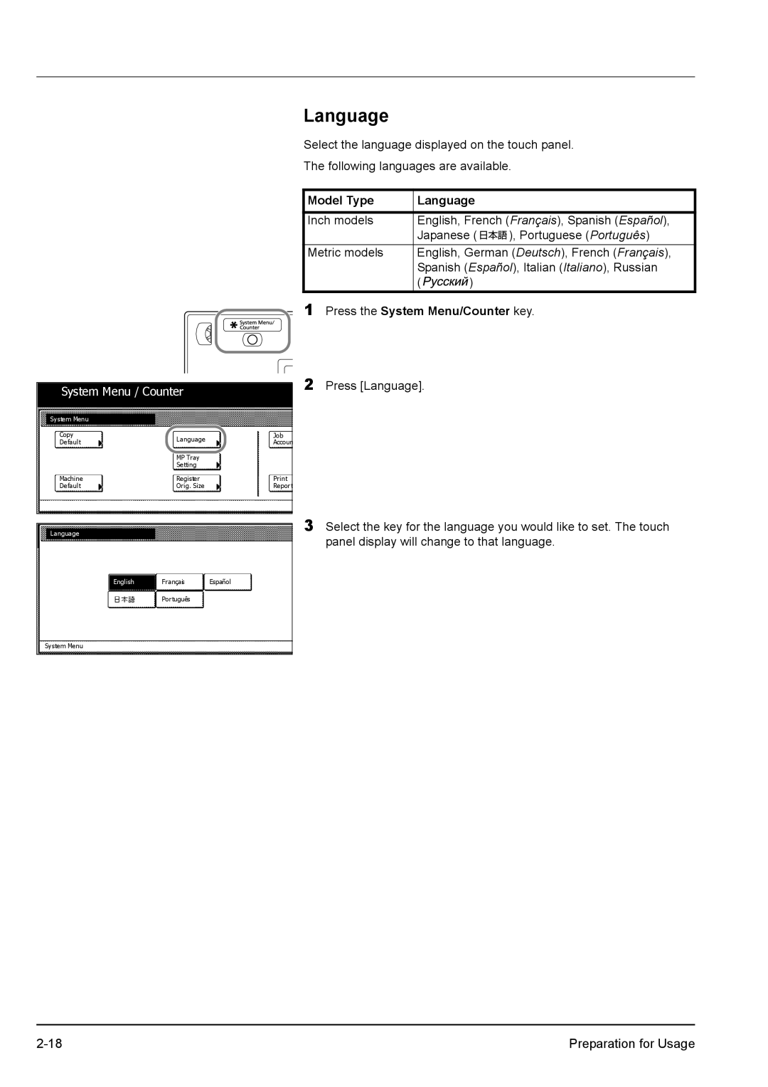 Kyocera KM-2540 manual Model Type Language 