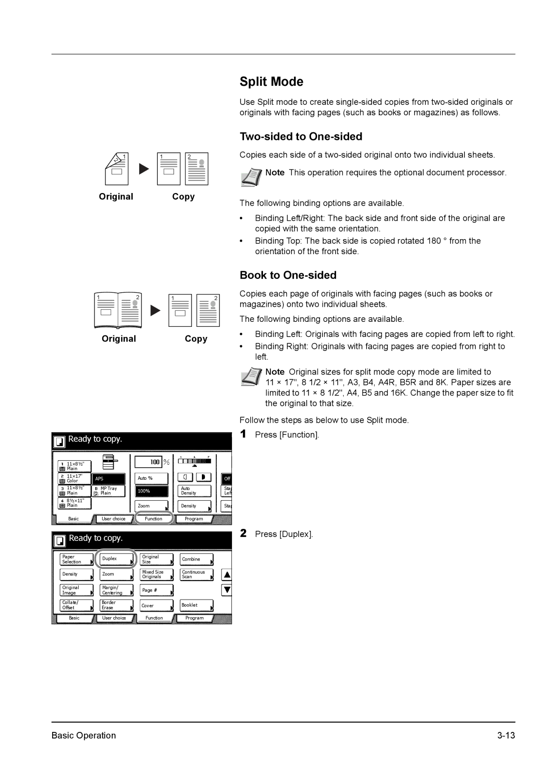 Kyocera KM-2540 manual Split Mode, Two-sided to One-sided, Book to One-sided 