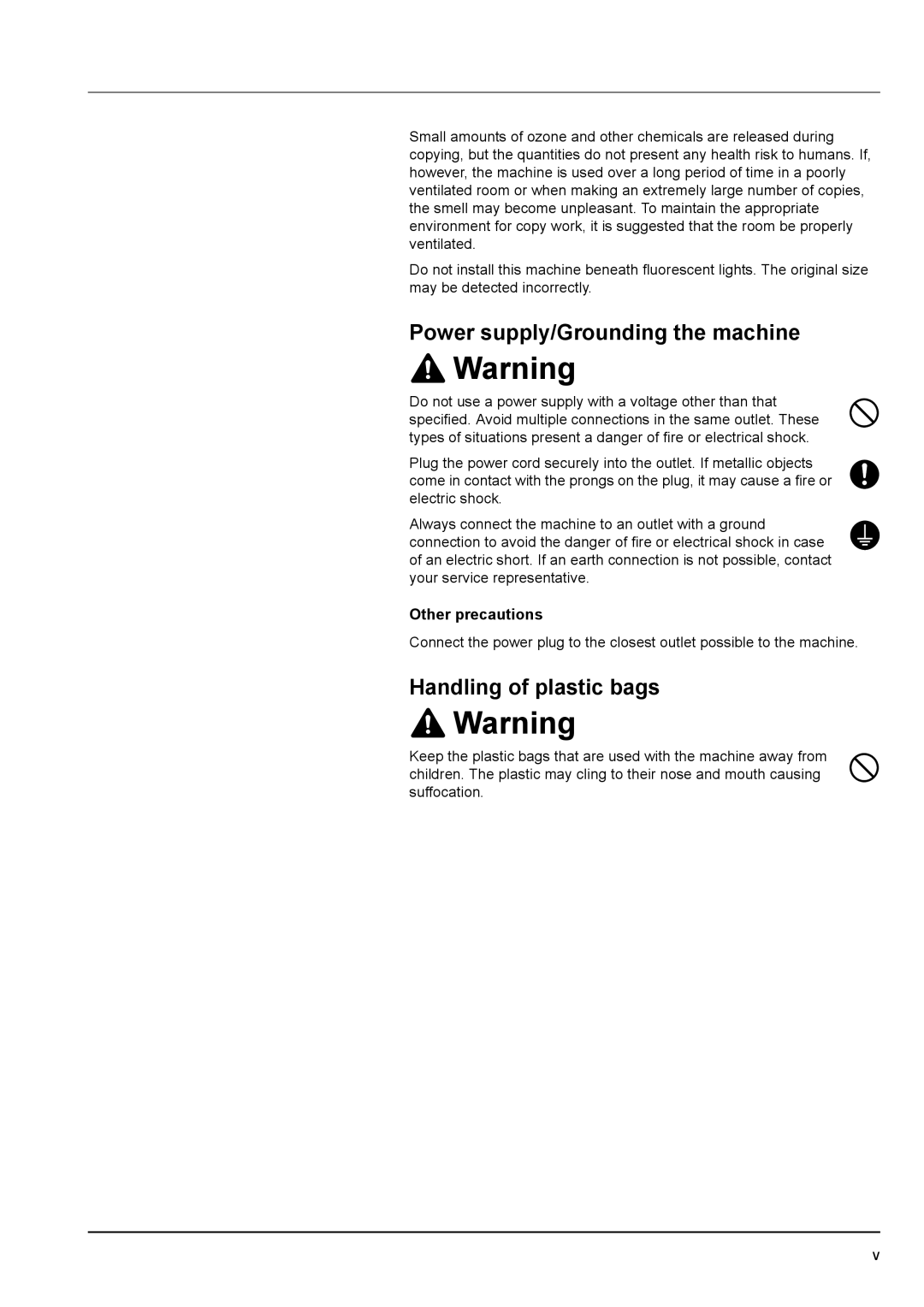 Kyocera KM-2540 manual Power supply/Grounding the machine, Handling of plastic bags 