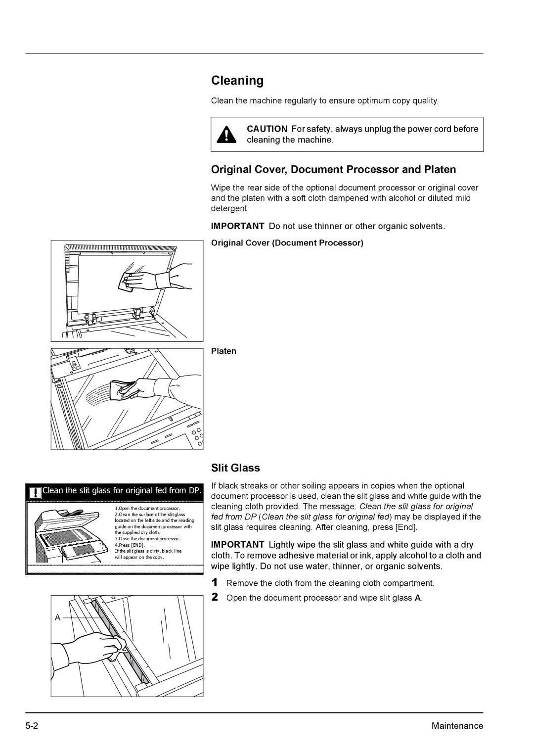 Kyocera KM-2540 Cleaning, Original Cover, Document Processor and Platen, Slit Glass, Original Cover Document Processor 