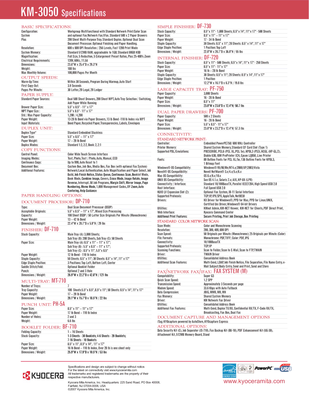 Kyocera KM-3050 specifications Basic Specifications, Output Speeds, Paper Supply, Duplex Unit, Copy Functions 