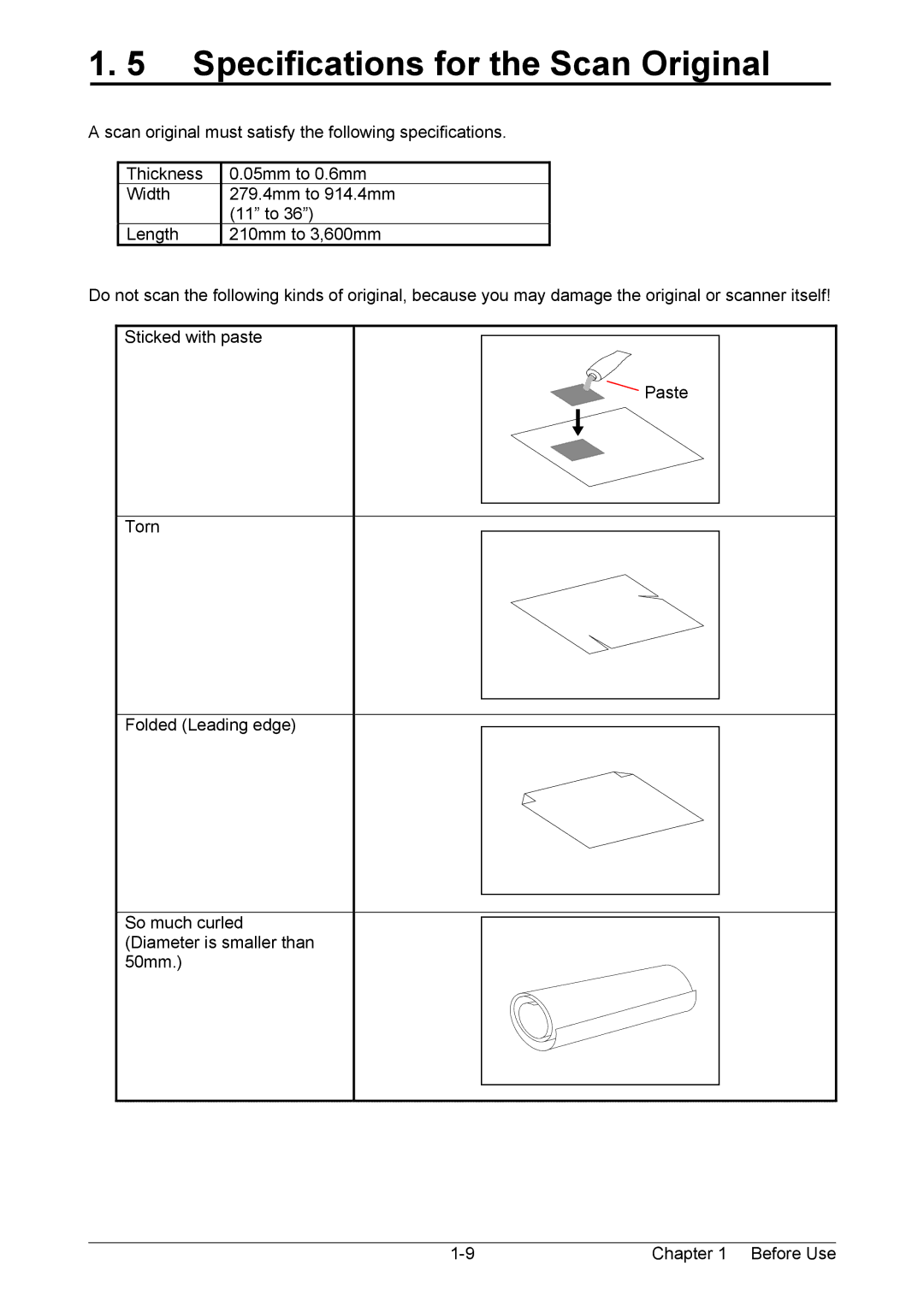 Kyocera KM-3650w operation manual Specifications for the Scan Original 