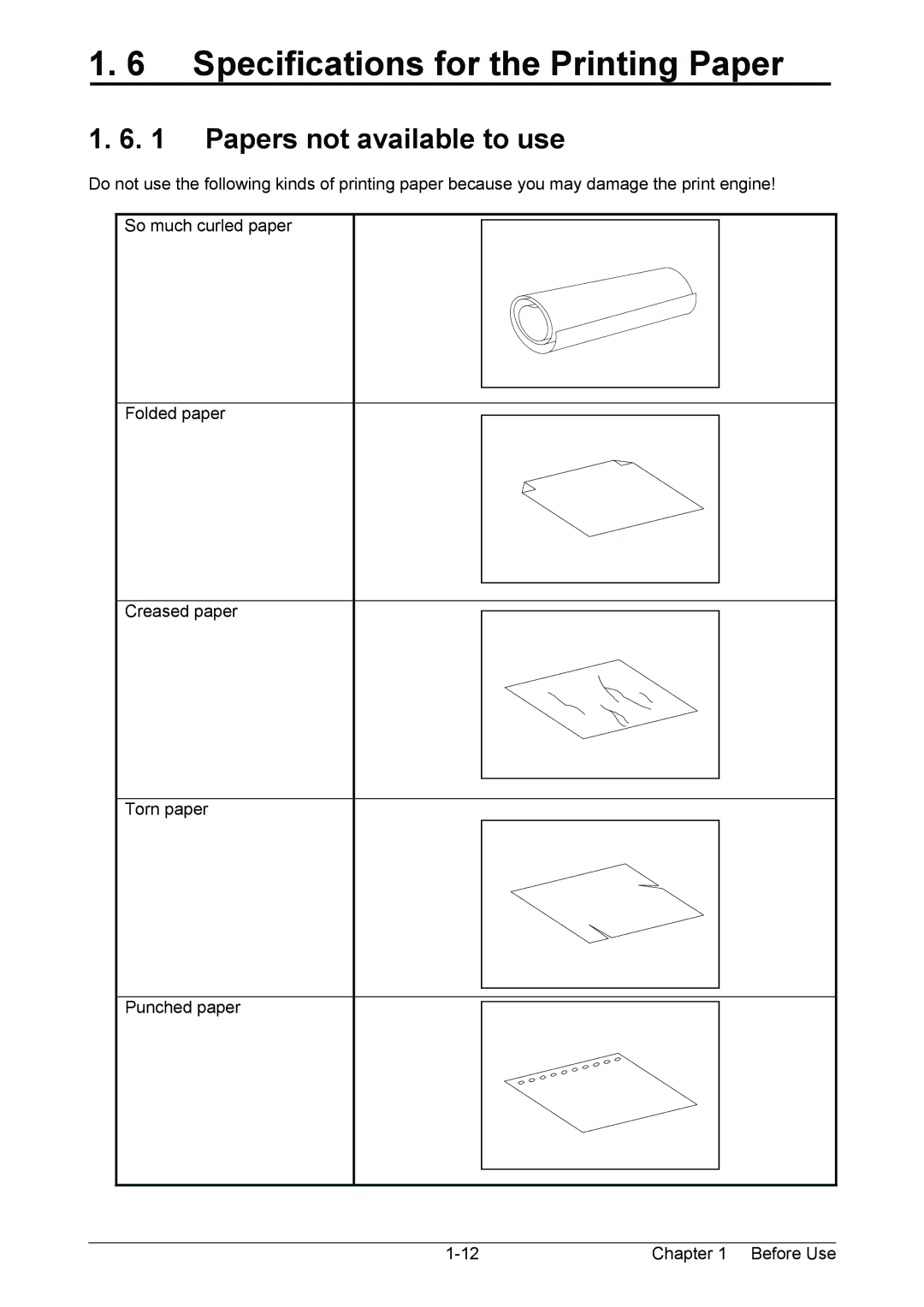 Kyocera KM-3650w operation manual Specifications for the Printing Paper, Papers not available to use 