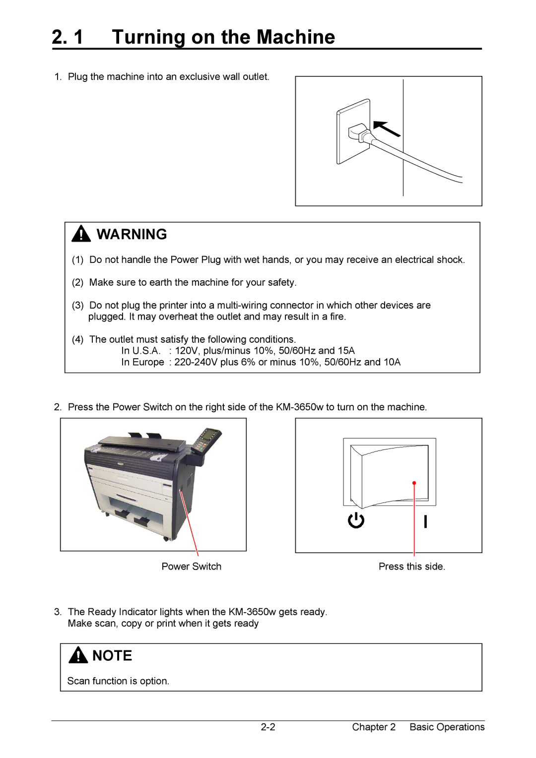 Kyocera KM-3650w operation manual Turning on the Machine 