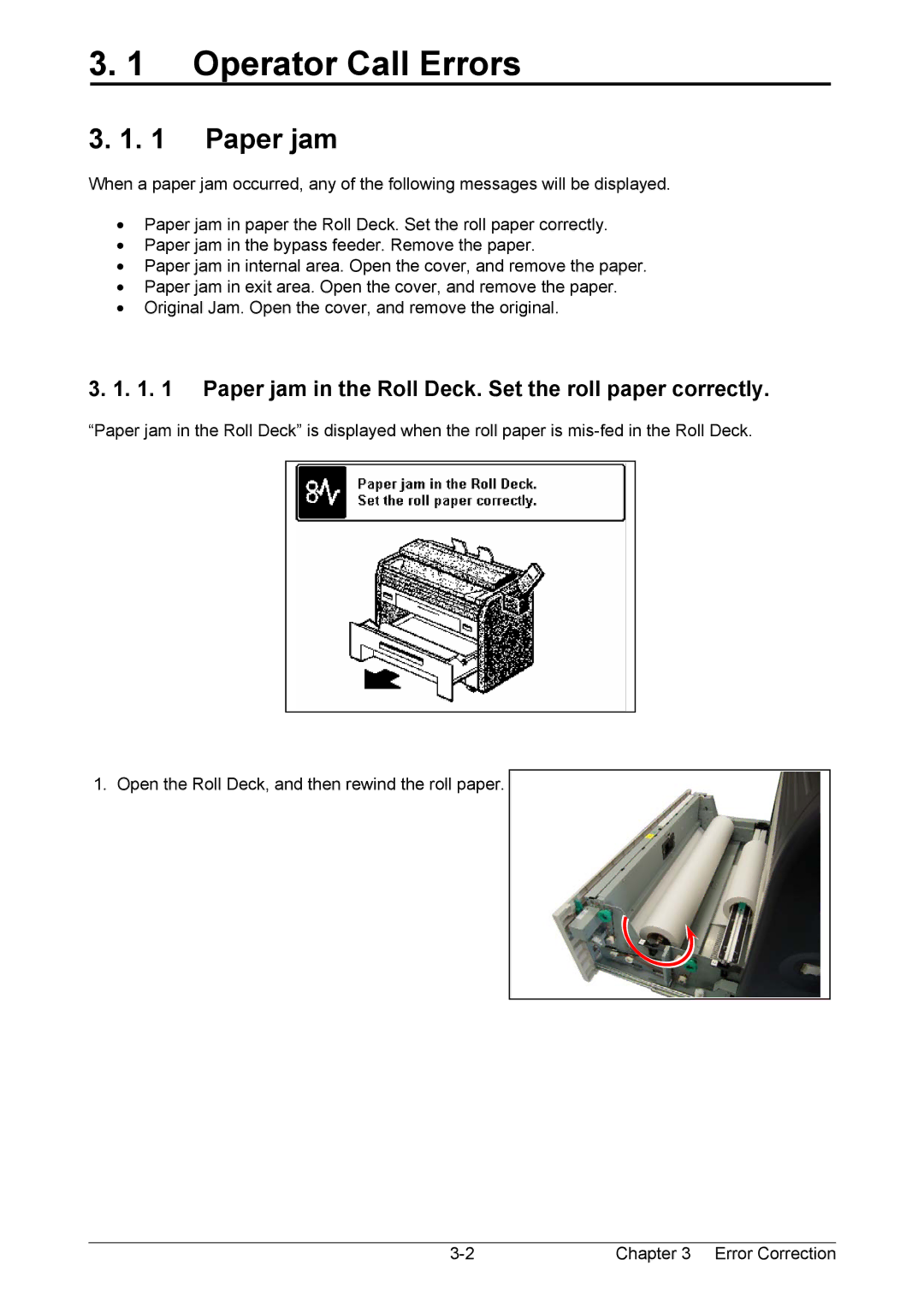 Kyocera KM-3650w operation manual Operator Call Errors, Paper jam in the Roll Deck. Set the roll paper correctly 