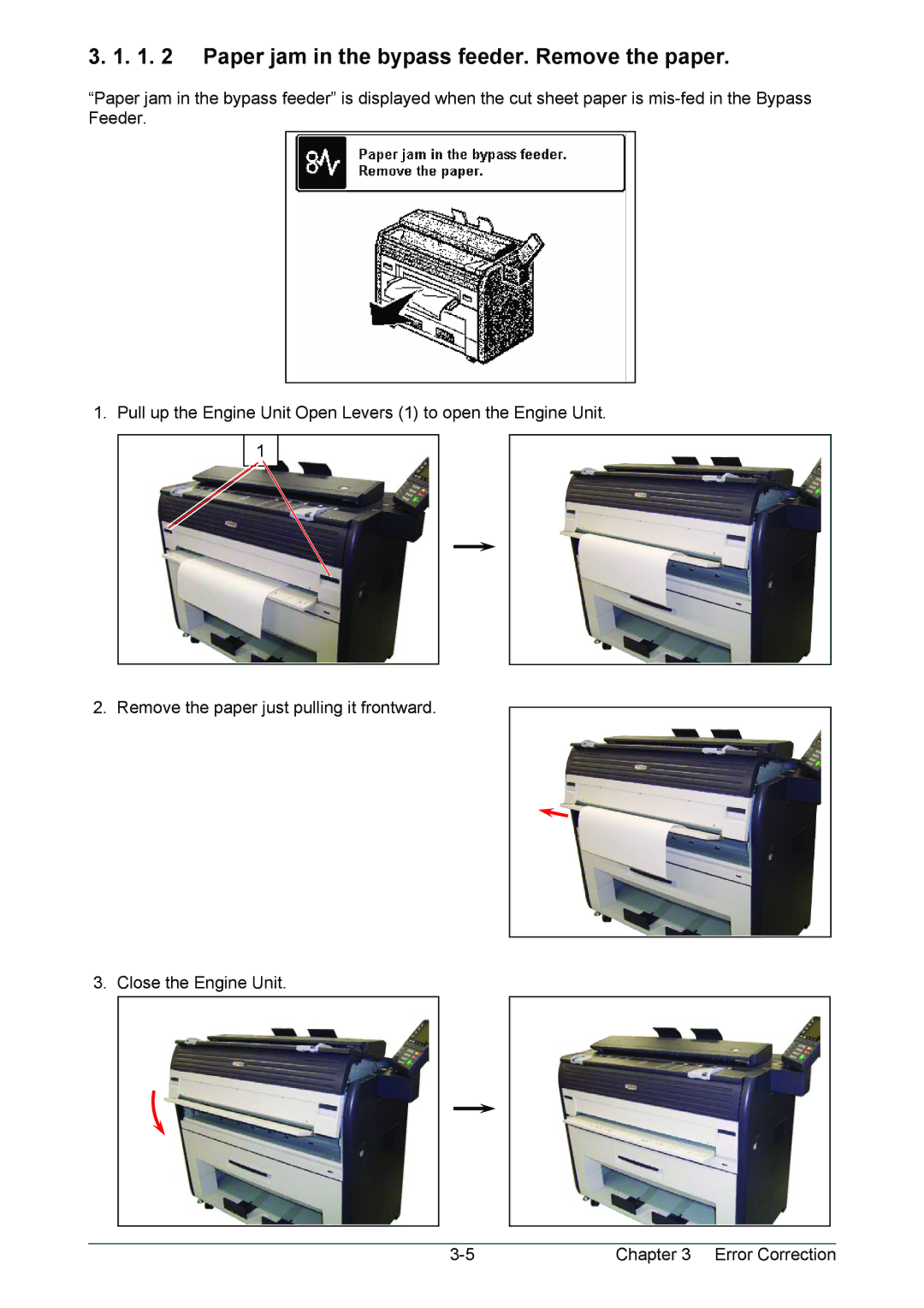 Kyocera KM-3650w operation manual Paper jam in the bypass feeder. Remove the paper 