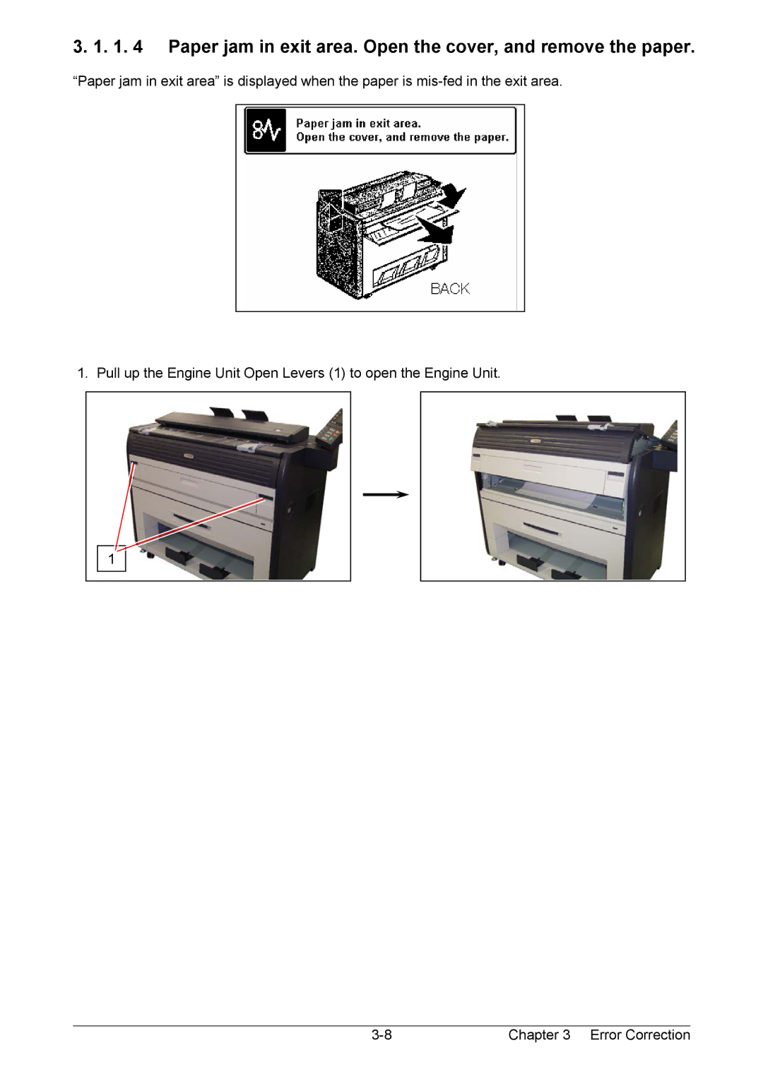 Kyocera KM-3650w operation manual Paper jam in exit area. Open the cover, and remove the paper 