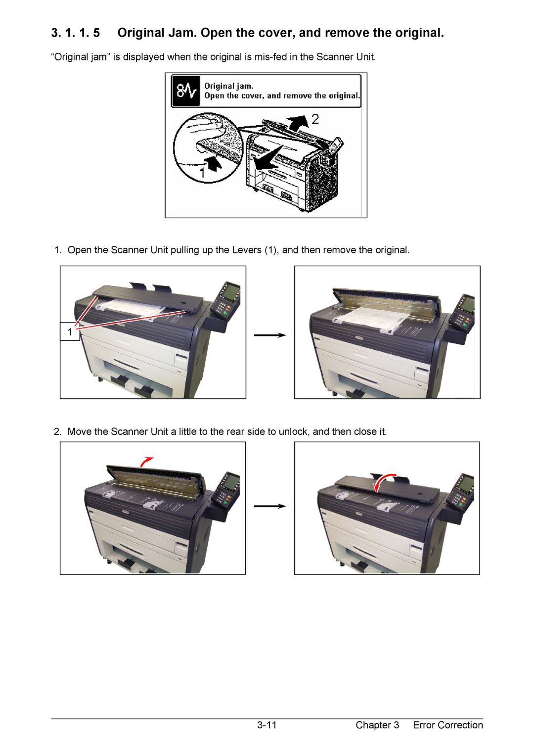 Kyocera KM-3650w operation manual Original Jam. Open the cover, and remove the original 