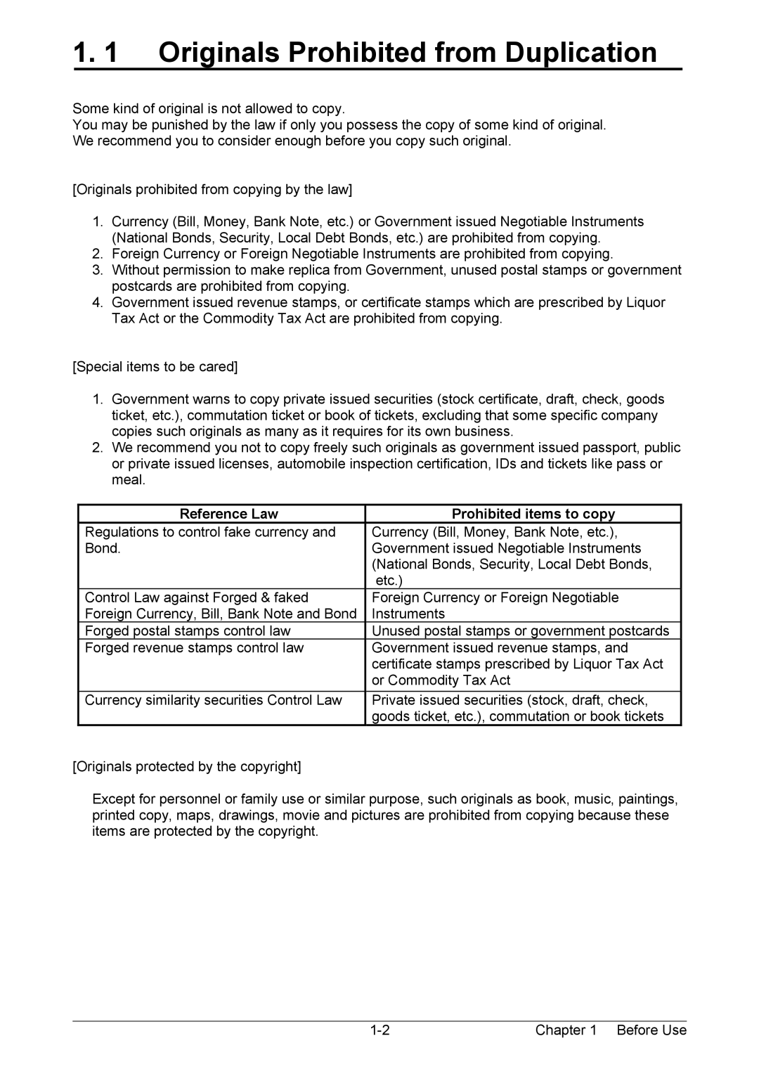 Kyocera KM-3650w operation manual Originals Prohibited from Duplication, Reference Law Prohibited items to copy 