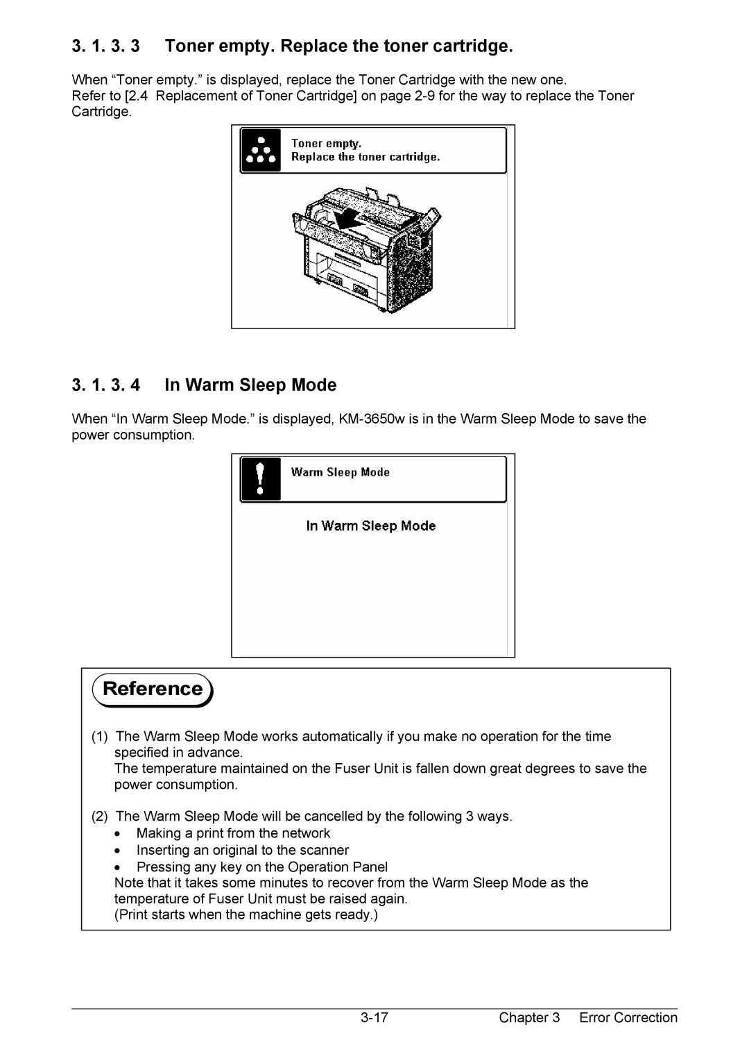 Kyocera KM-3650w operation manual Toner empty. Replace the toner cartridge, Warm Sleep Mode 