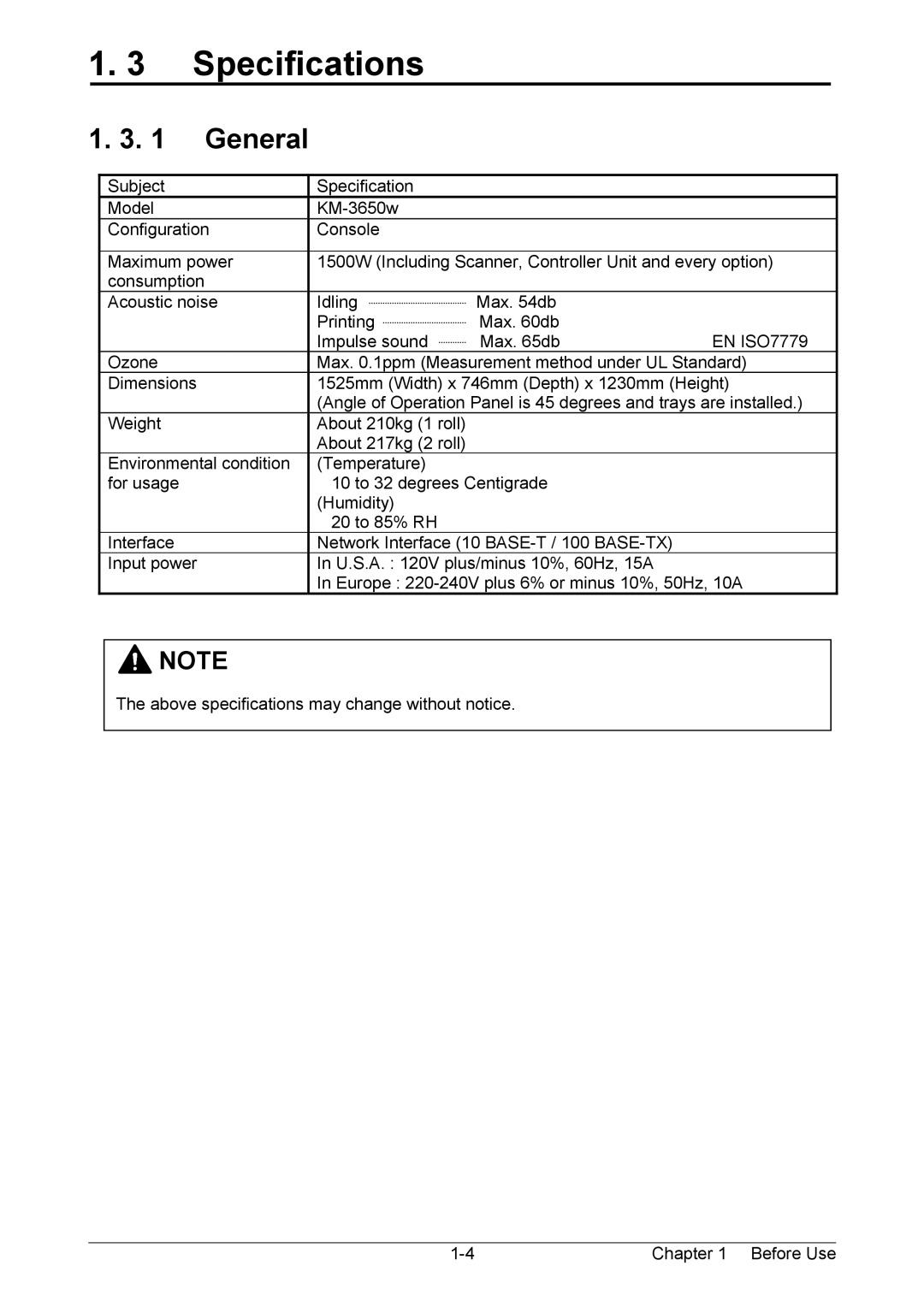 Kyocera KM-3650w operation manual Specifications, General 