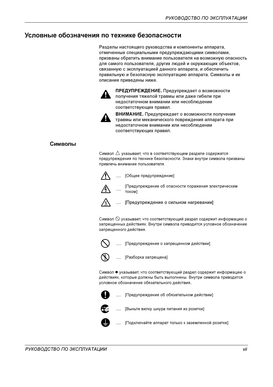 Kyocera KM-4050 manual Условные обозначения по технике безопасности, Символы, Предупреждение о сильном нагревании, Vii 