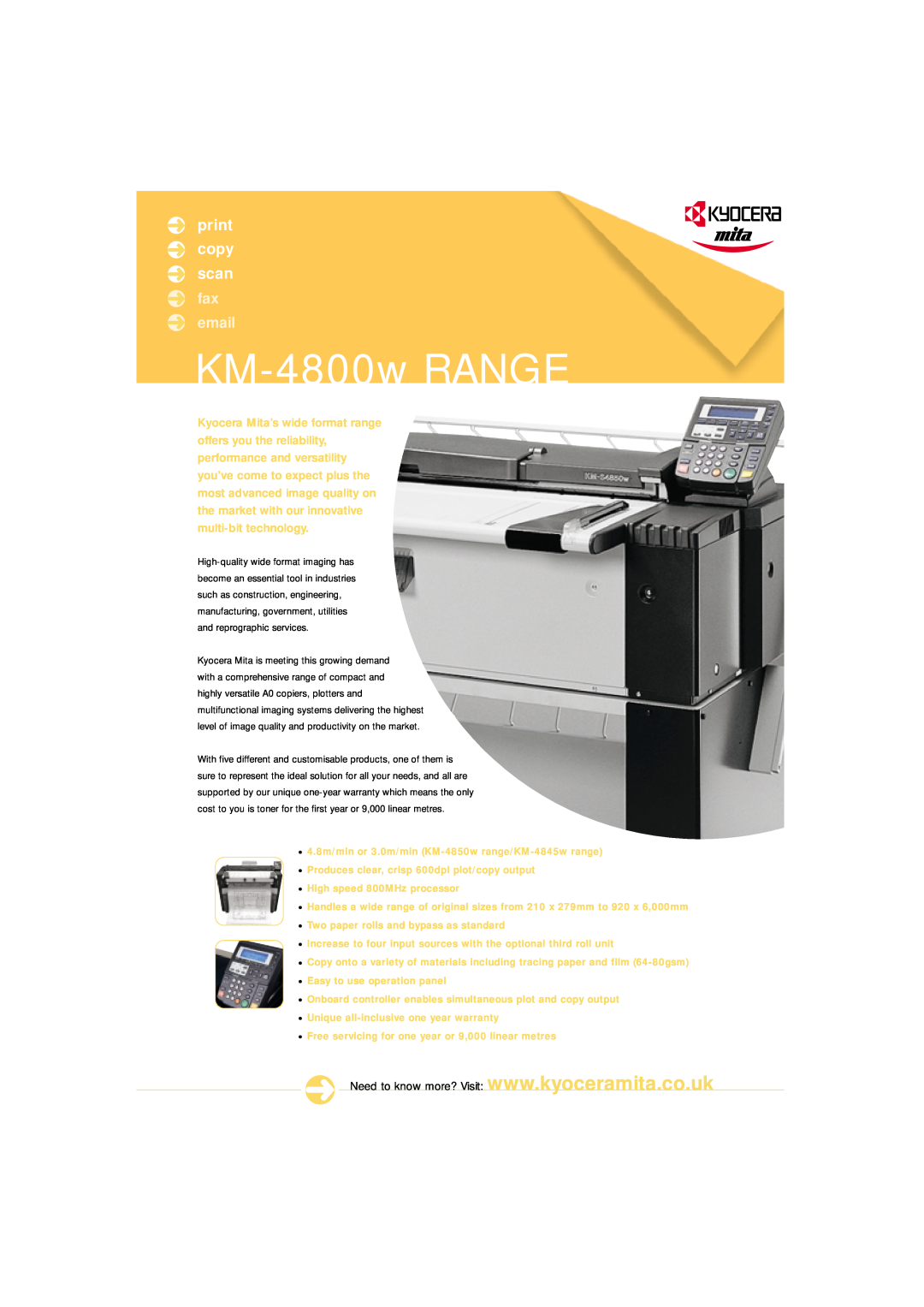 Kyocera warranty KM-4800wRANGE, print copy scan, fax email 
