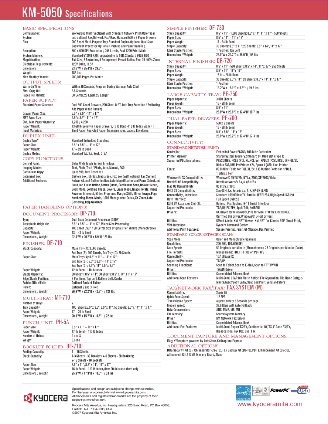 Kyocera KM-5050 specifications Basic Specifications, Output Speeds, Paper Supply, Duplex Unit, Copy Functions 