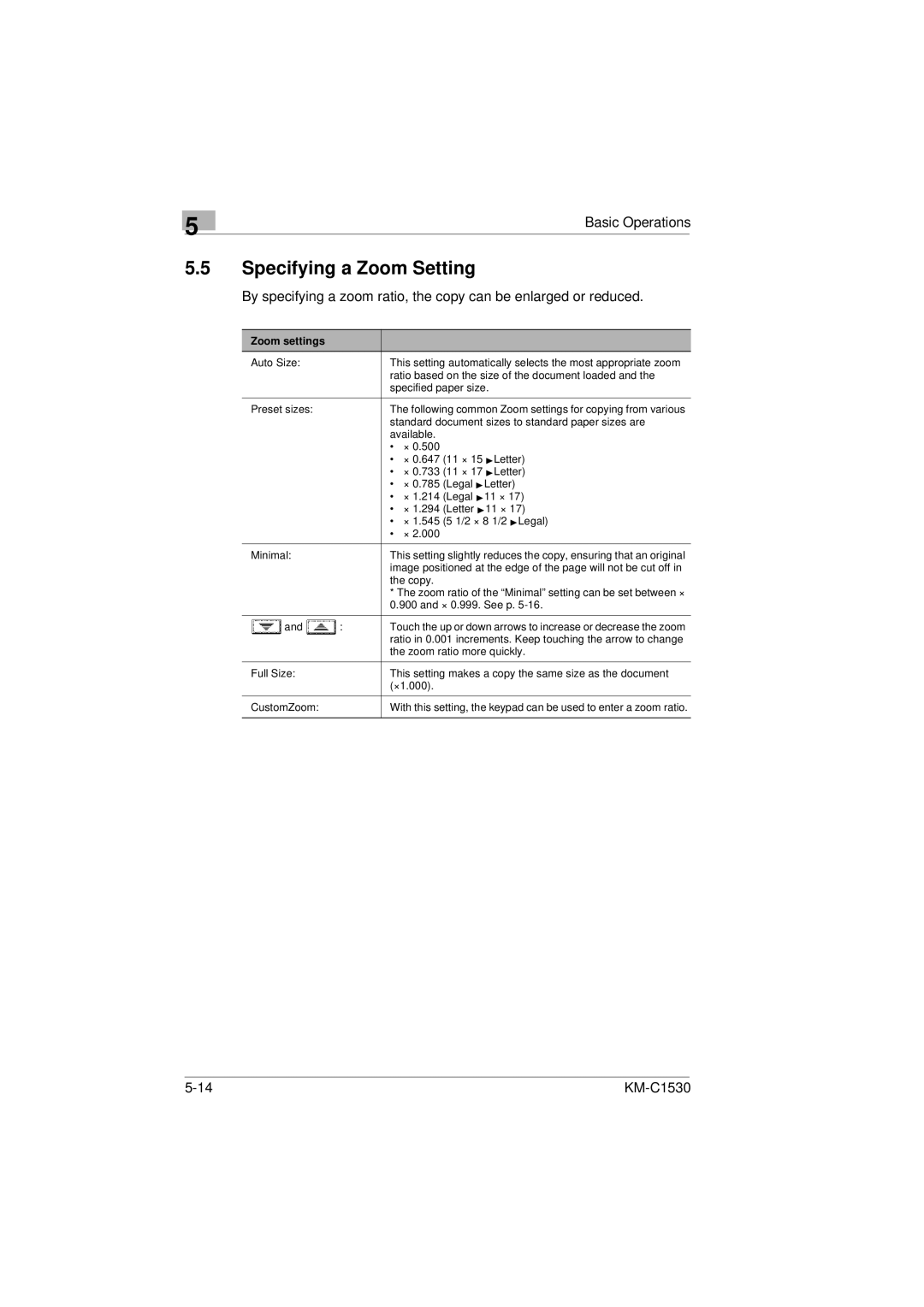 Kyocera KM-C1530 manual Specifying a Zoom Setting, Zoom settings 