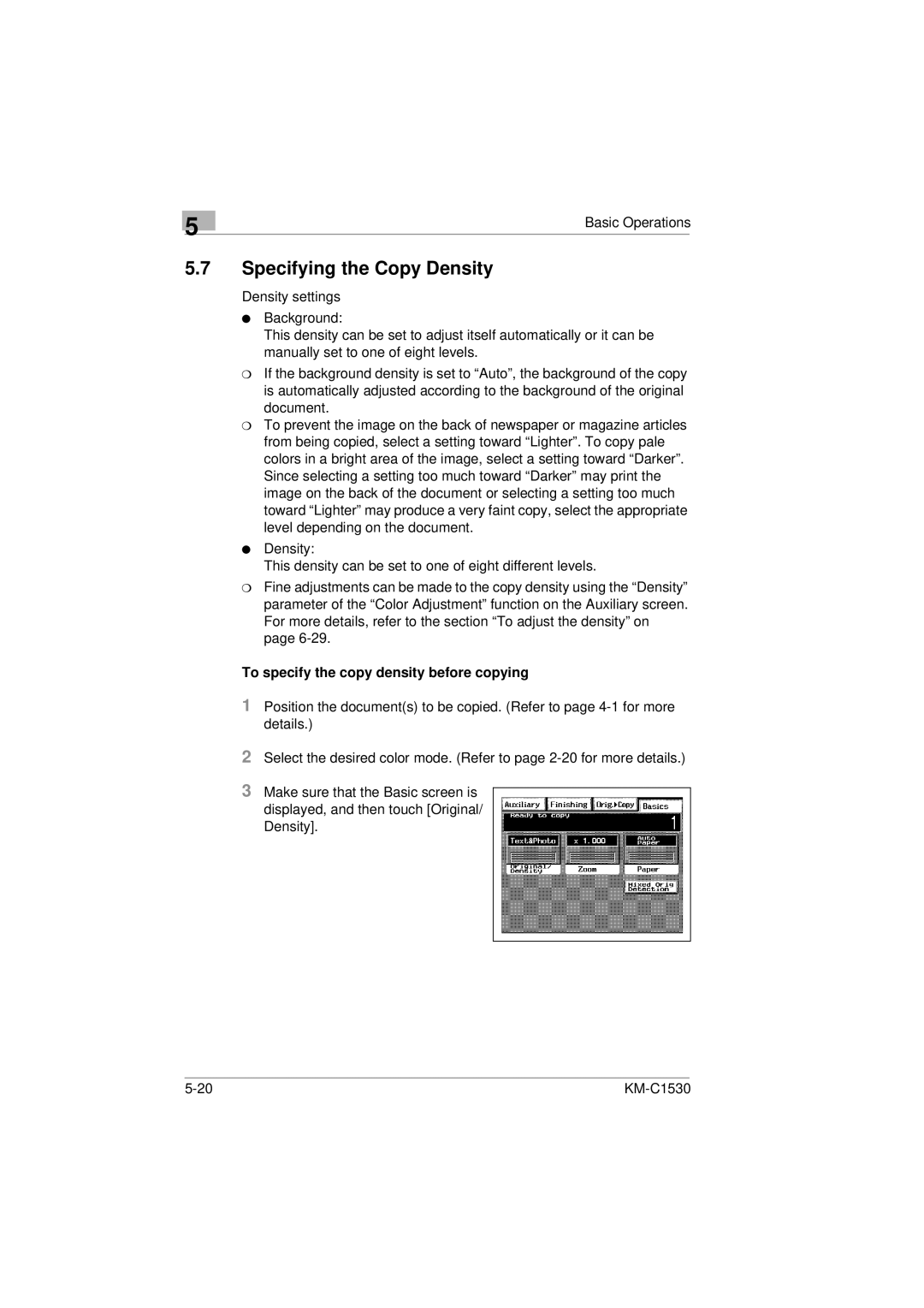 Kyocera KM-C1530 manual Specifying the Copy Density, To specify the copy density before copying 