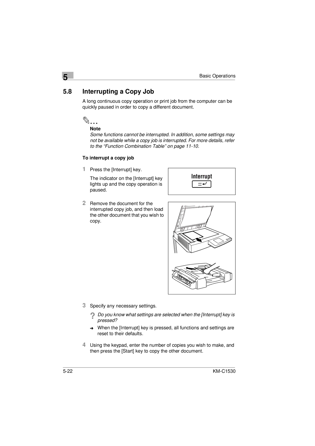 Kyocera KM-C1530 manual Interrupting a Copy Job, To interrupt a copy job 