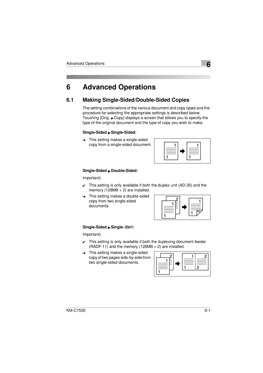 Kyocera KM-C1530 manual Making Single-Sided/Double-Sided Copies, Single-Sided ÖSingle-Sided, Single-Sided ÖDouble-Sided 