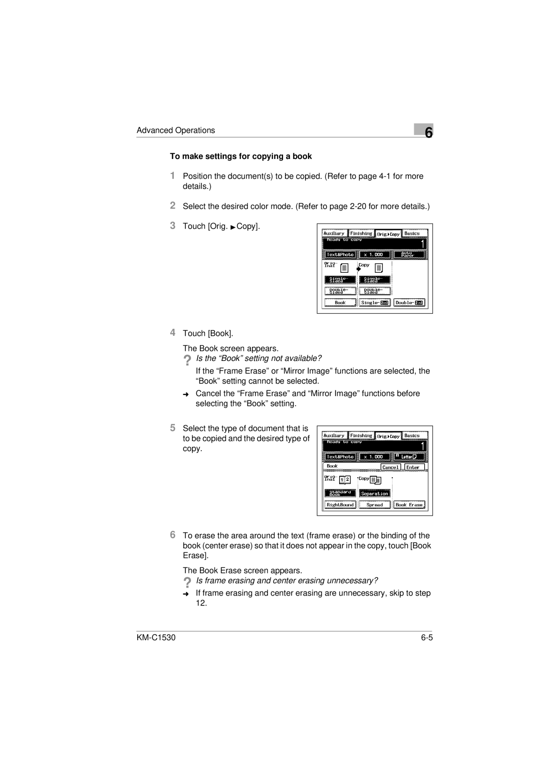 Kyocera KM-C1530 manual To make settings for copying a book, ? Is the Book setting not available? 