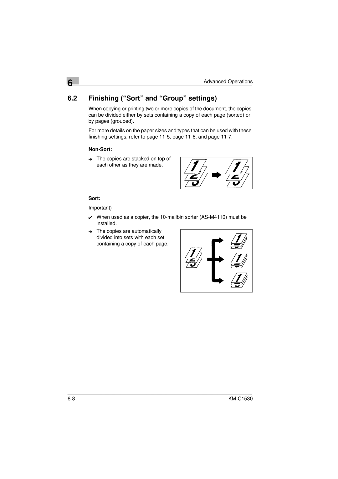 Kyocera KM-C1530 manual Finishing Sort and Group settings, Non-Sort 