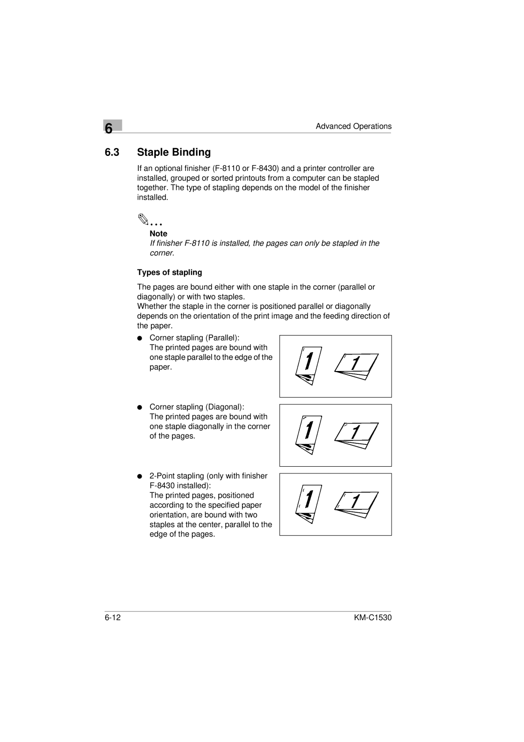 Kyocera KM-C1530 manual Staple Binding, Types of stapling 