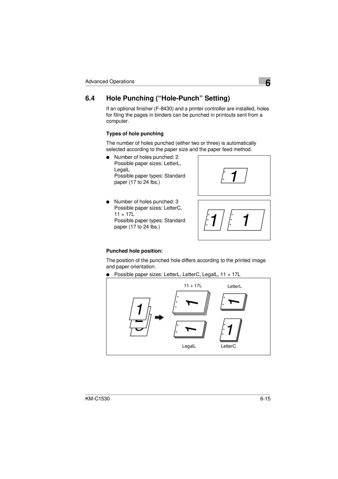 Kyocera KM-C1530 manual Hole Punching Hole-Punch Setting, Types of hole punching, Punched hole position 