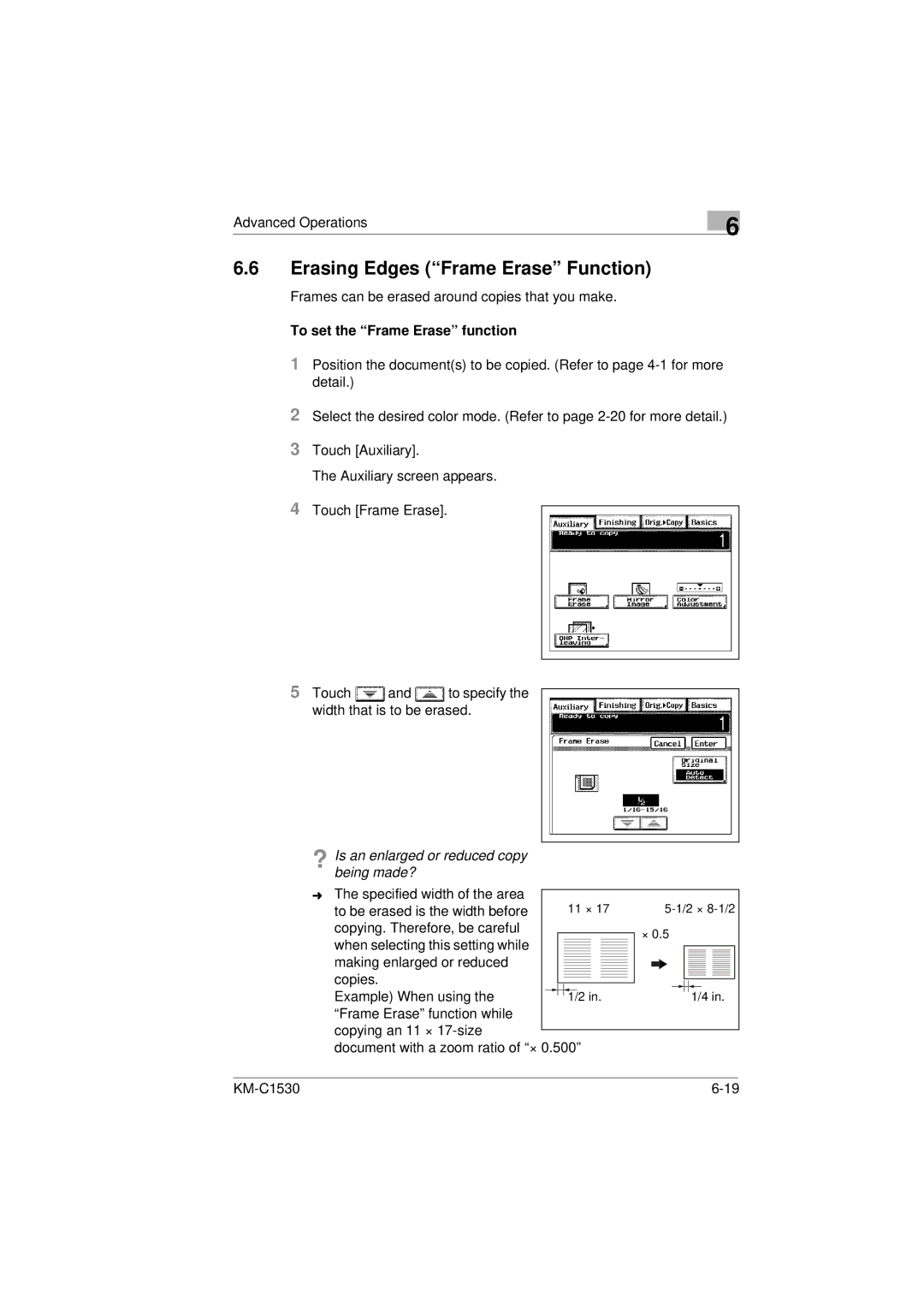 Kyocera KM-C1530 manual Erasing Edges Frame Erase Function, To set the Frame Erase function 