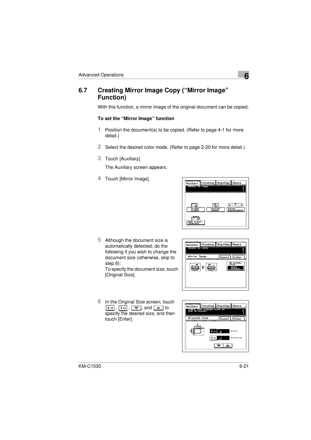 Kyocera KM-C1530 manual Creating Mirror Image Copy Mirror Image Function, To set the Mirror Image function 