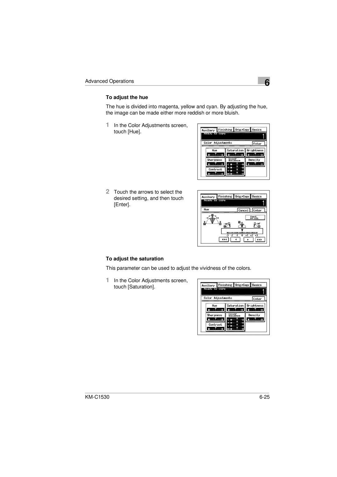 Kyocera KM-C1530 manual To adjust the hue, To adjust the saturation 