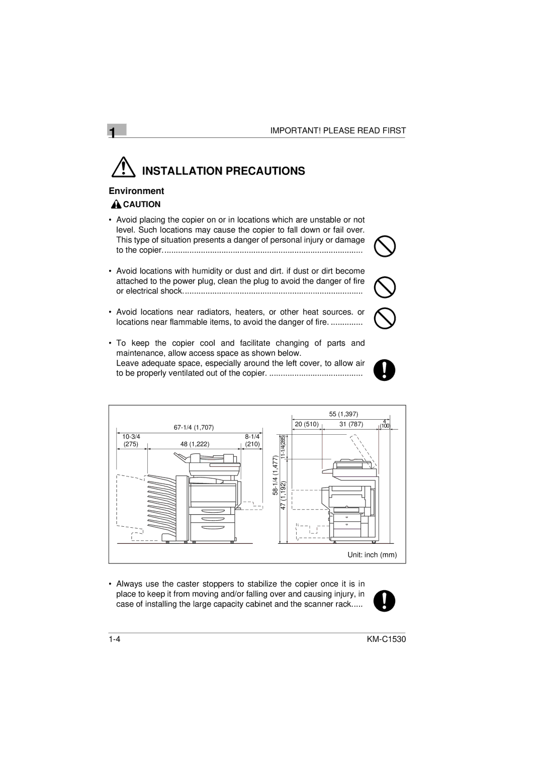 Kyocera KM-C1530 manual Installation Precautions 