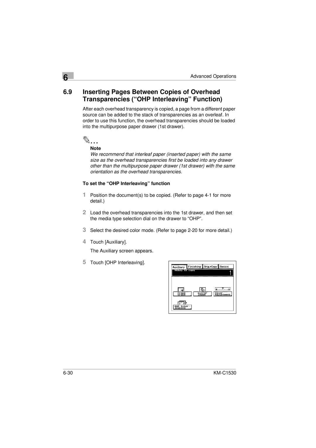 Kyocera KM-C1530 manual To set the OHP Interleaving function 