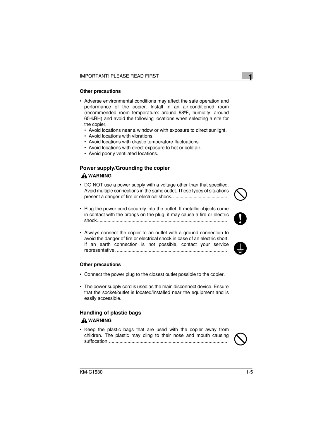 Kyocera KM-C1530 manual Power supply/Grounding the copier, Other precautions 