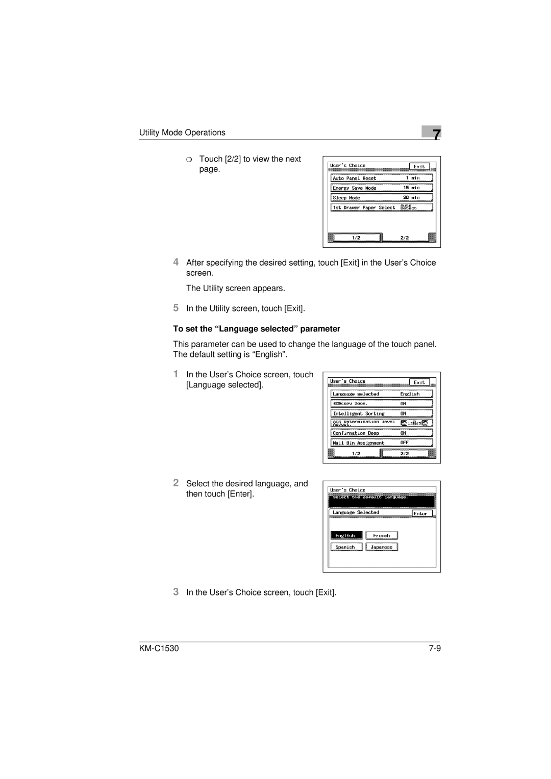 Kyocera KM-C1530 manual To set the Language selected parameter 