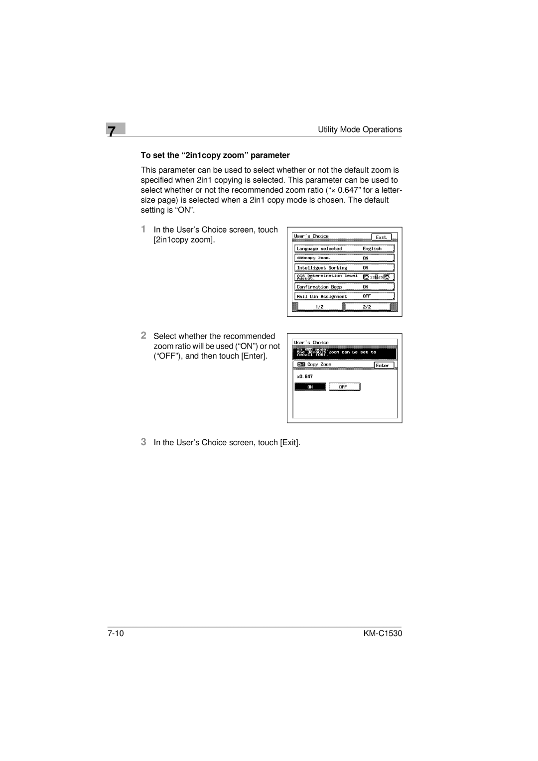 Kyocera KM-C1530 manual To set the 2in1copy zoom parameter 