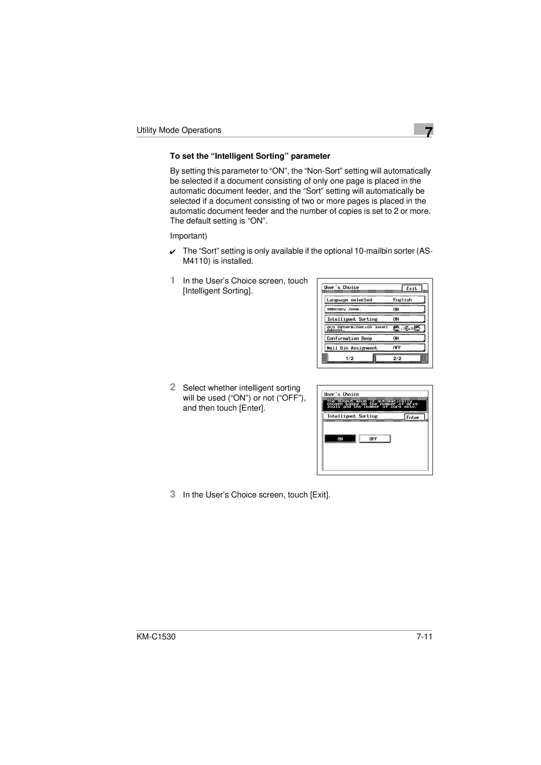 Kyocera KM-C1530 manual To set the Intelligent Sorting parameter 