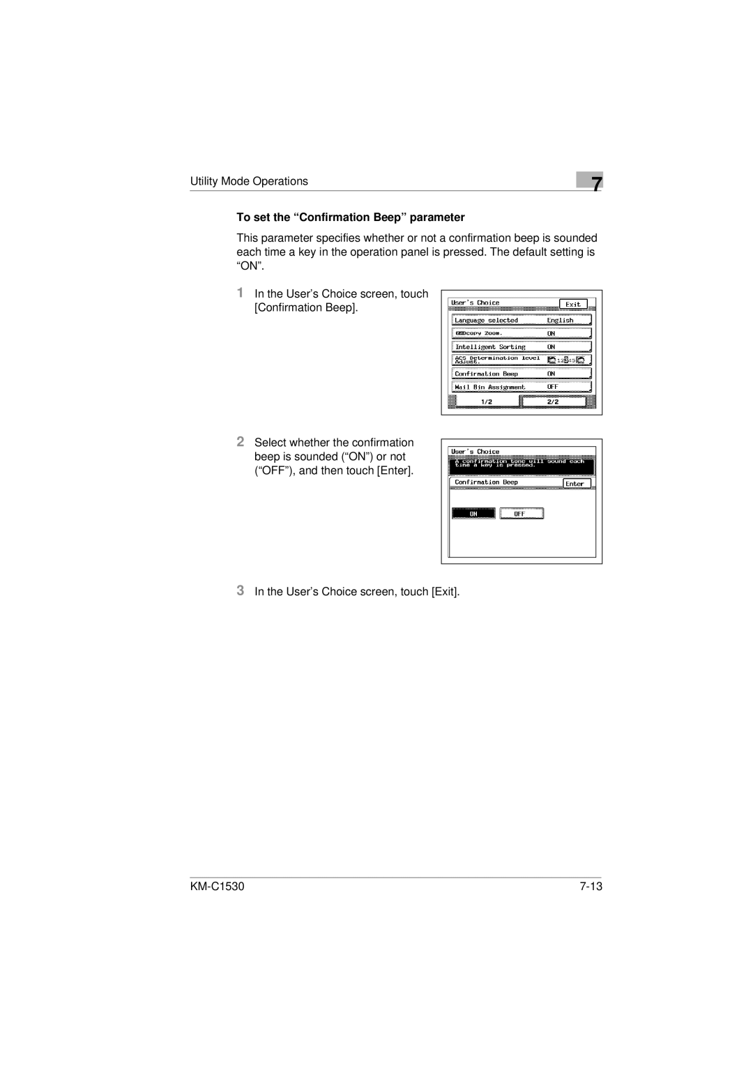 Kyocera KM-C1530 manual To set the Confirmation Beep parameter 