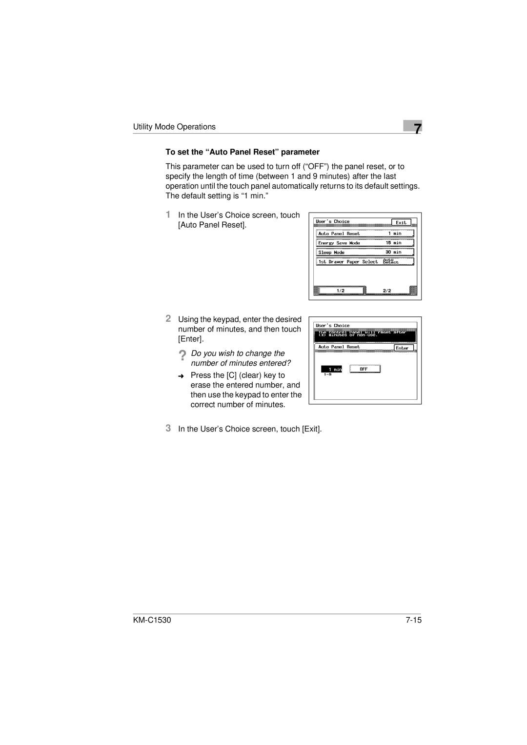 Kyocera KM-C1530 manual To set the Auto Panel Reset parameter 