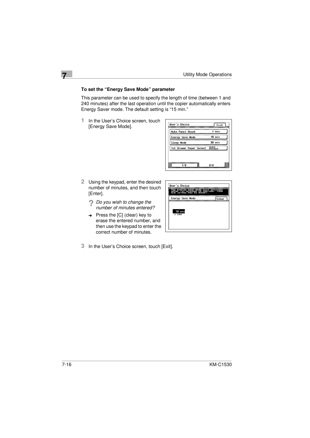 Kyocera KM-C1530 manual To set the Energy Save Mode parameter 