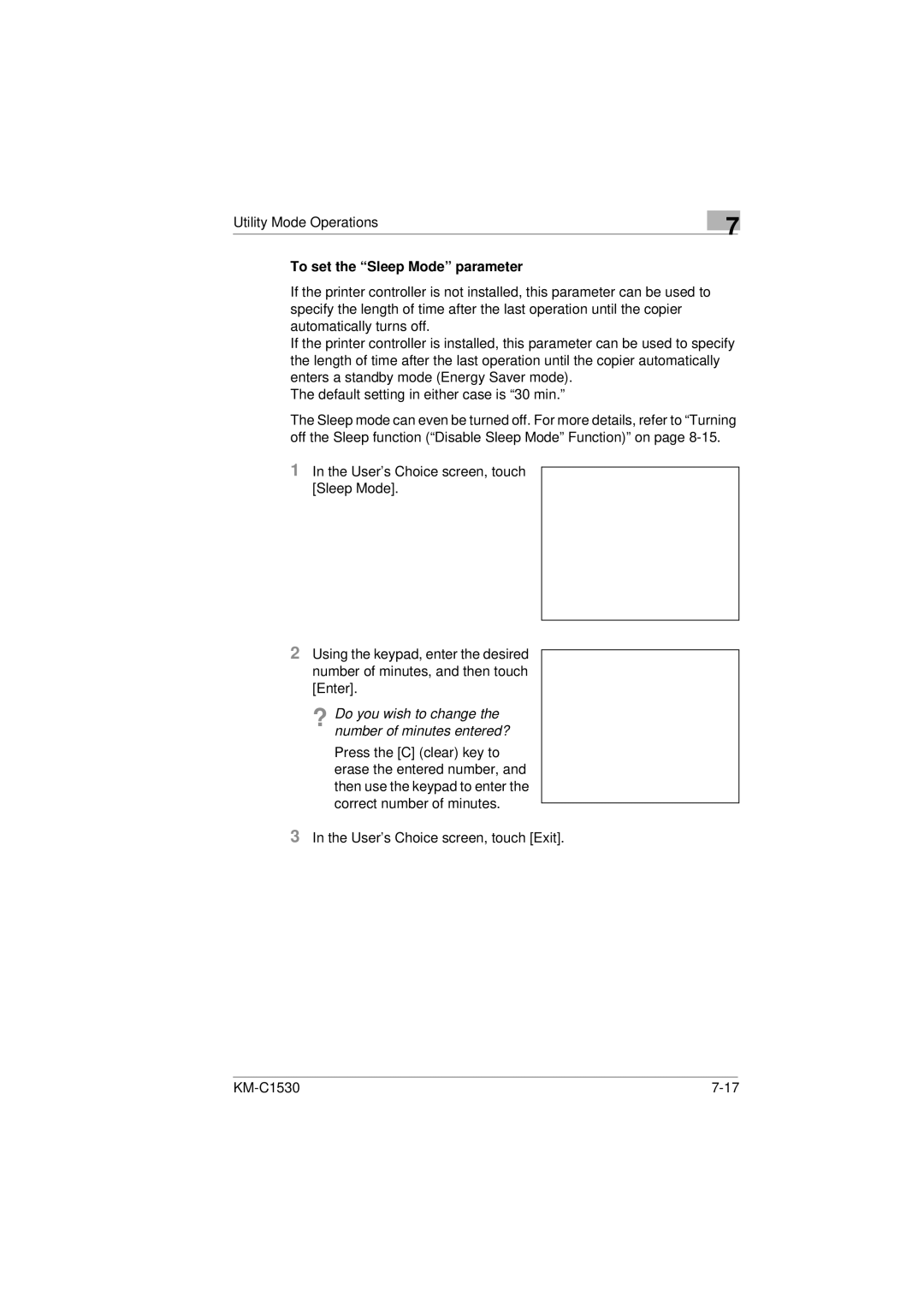 Kyocera KM-C1530 manual To set the Sleep Mode parameter 