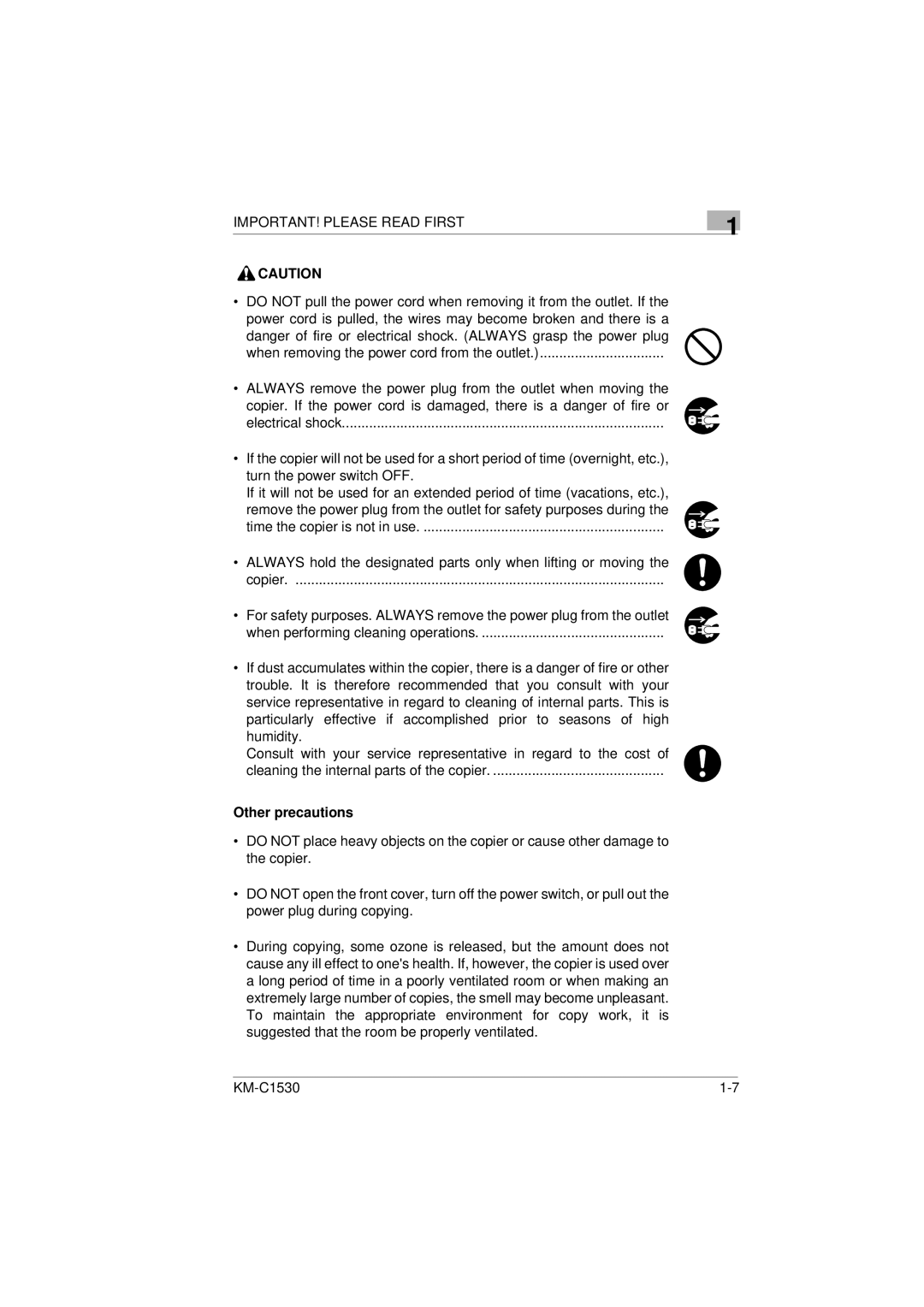 Kyocera KM-C1530 manual Other precautions 