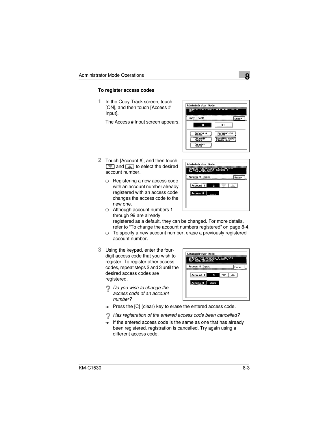 Kyocera KM-C1530 manual To register access codes 