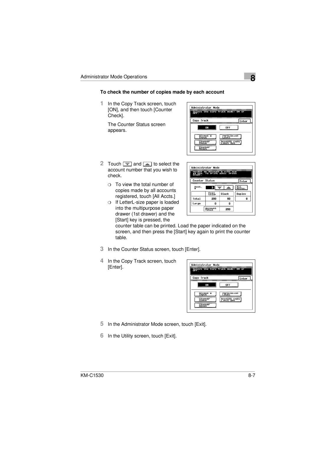 Kyocera KM-C1530 manual To check the number of copies made by each account 