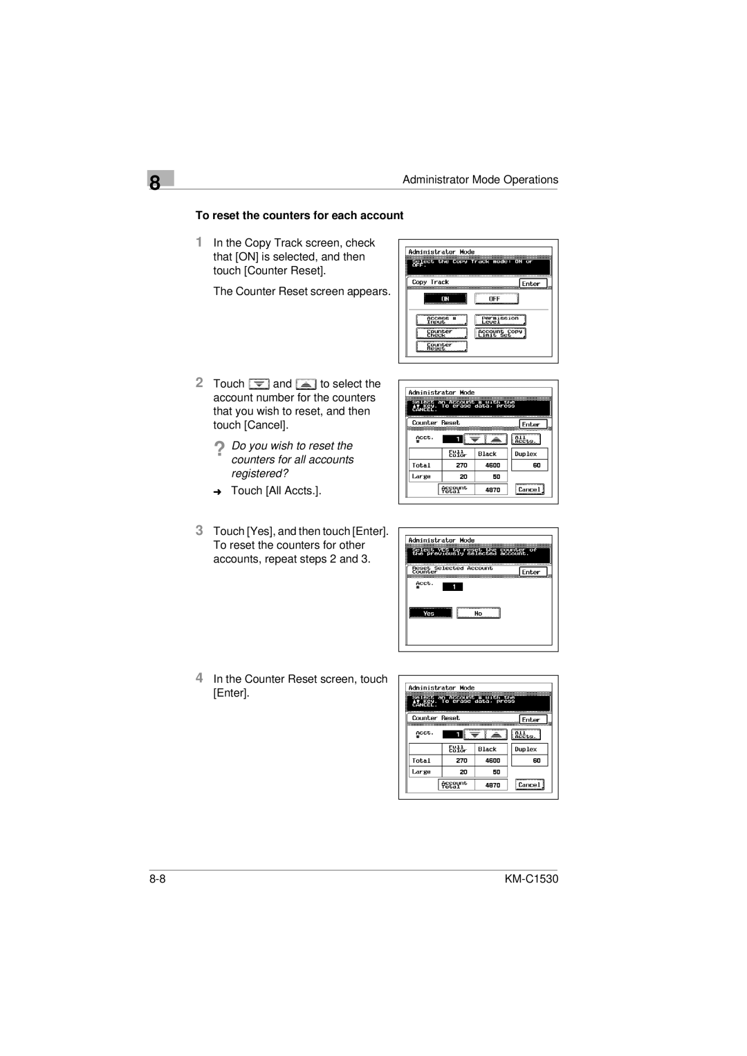 Kyocera KM-C1530 manual To reset the counters for each account 